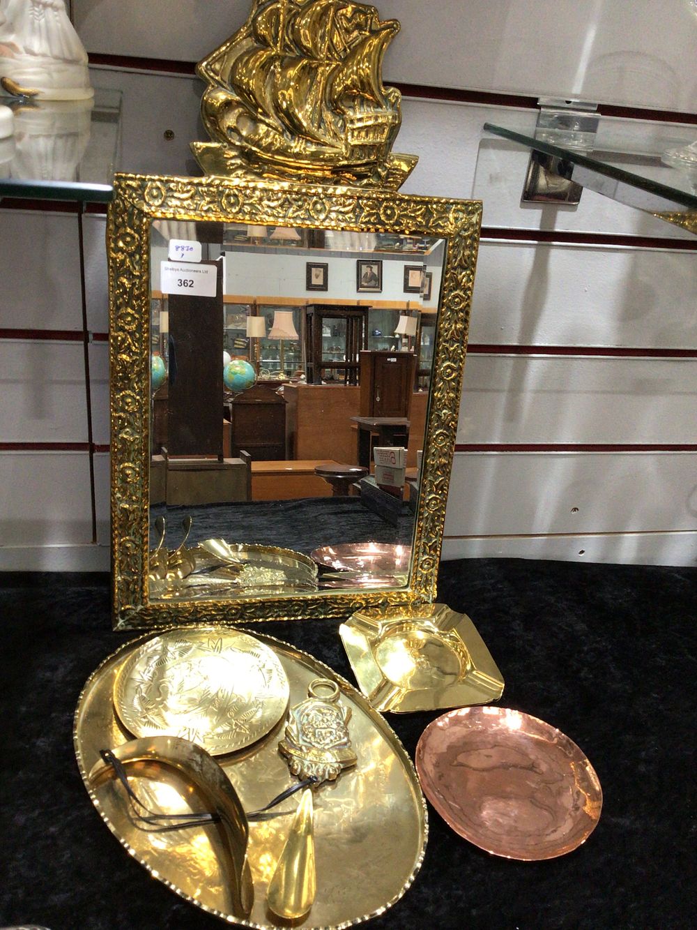 Lot 362: A brass Framed Mirror and Assorted Brass Decorative Items