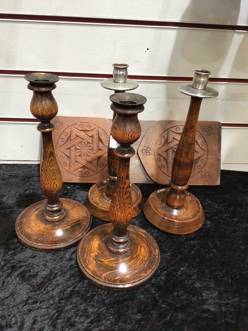 Lot 360: Four Turned Oak Candlesticks with Metal Inserts and carved wall plaque
