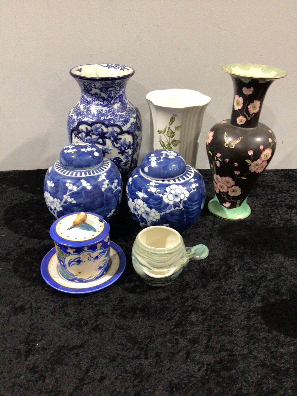 Lot 224: A Collection of Seven Ceramic Decorative Objects, including Chinese Blue and White Porcelain Vases and Ginger Jars