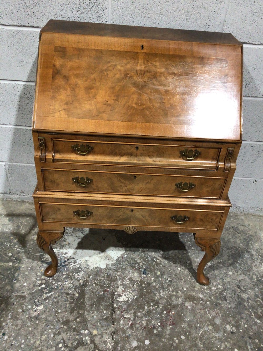 Lot 248: A Queen Anne Style Walnut Burr Veneer Fall-Front Secretary Desk