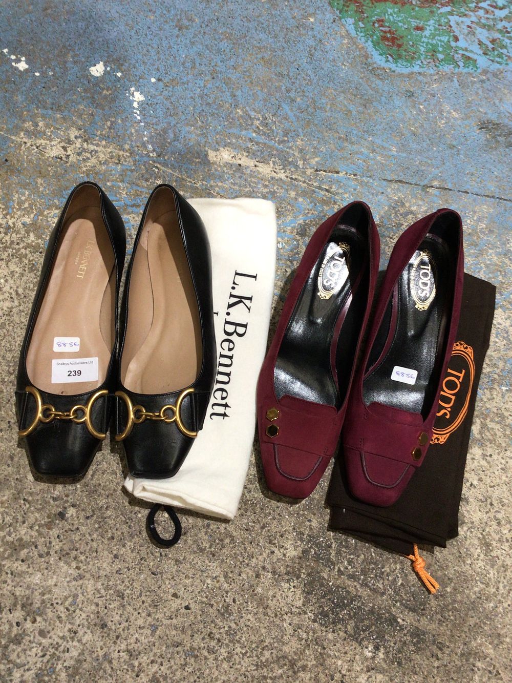 Lot 239: A Pair of L.K.Bennett Black Leather Flats and A Pair of Tod's Burgundy Suede Block-Heeled Pumps, Size 4
