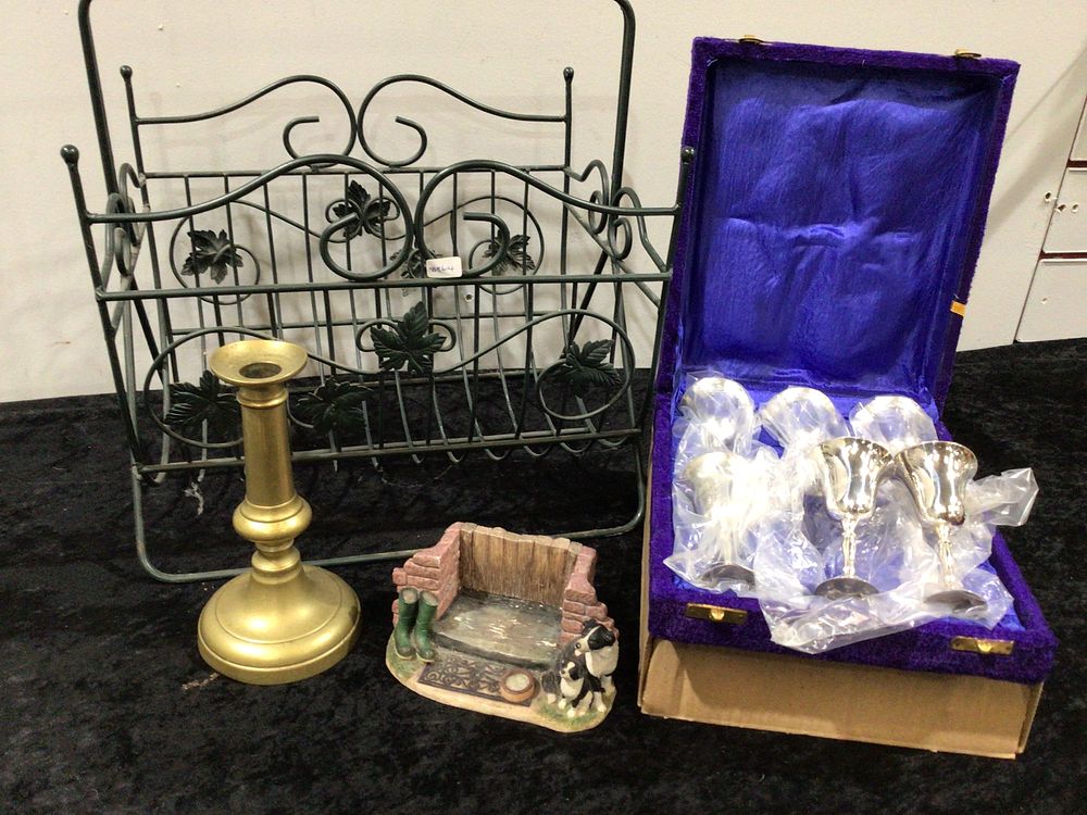 Lot 265: A Group of Decorative Items, including a Set of Six Silver Plated Goblets in a Velvet Case