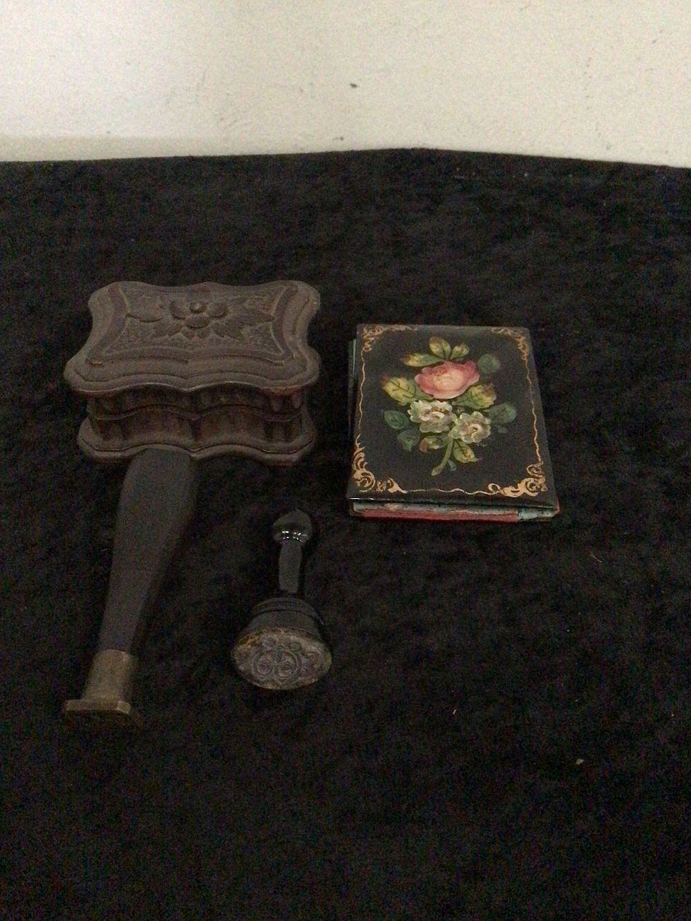 Lot 216: A Group of Three Victorian Black Forest Carved Wood Desk Accessories, comprising a Rocker Blotter, a Decorative Book, and a Wax Seal
