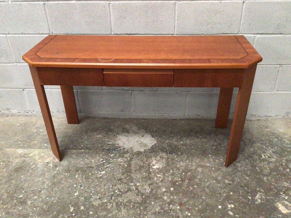 Lot 239: A Modern Reddish-Brown Wood Console Table with Inlay Band