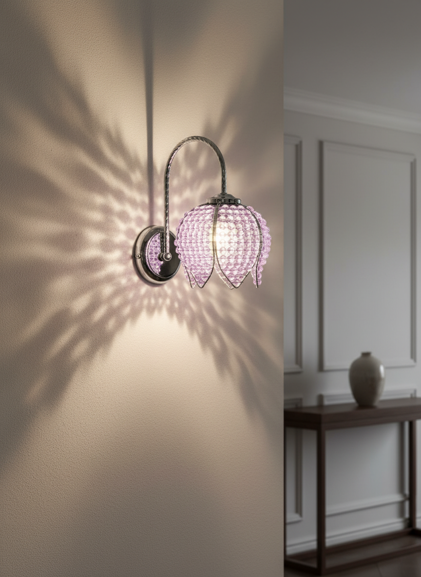 Lot 178: Four Wall Lights with Purple Faceted Bead Shades