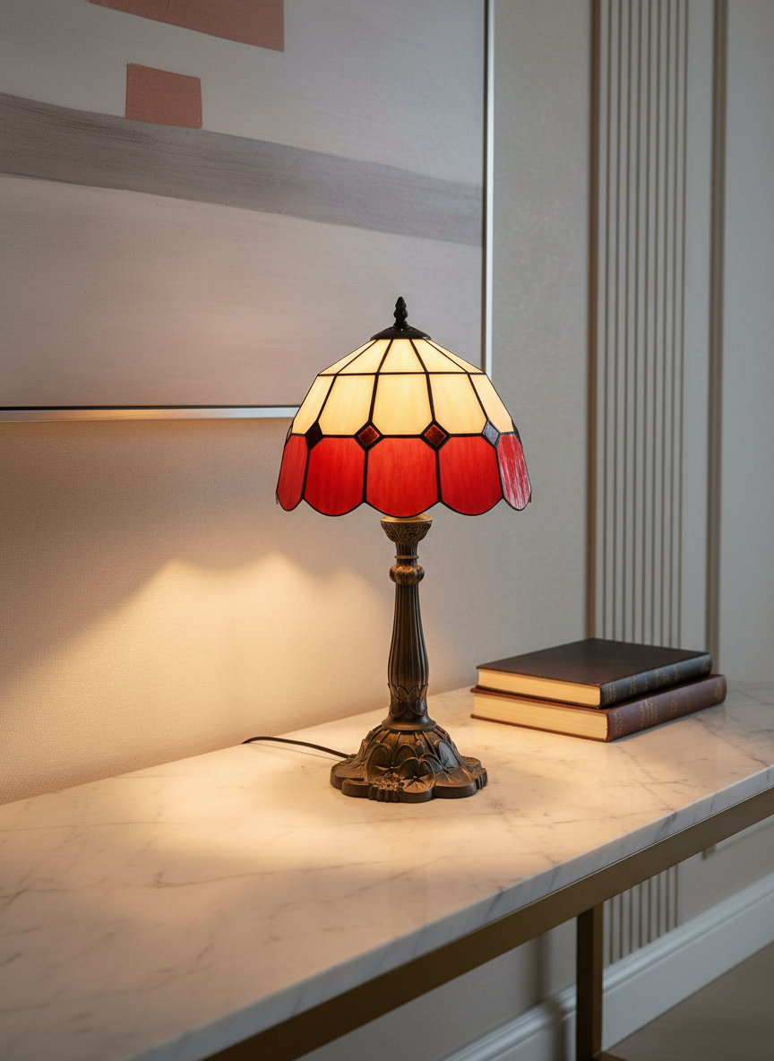 Lot 204: A Tiffany Style Red and White Stained Glass Lamps
