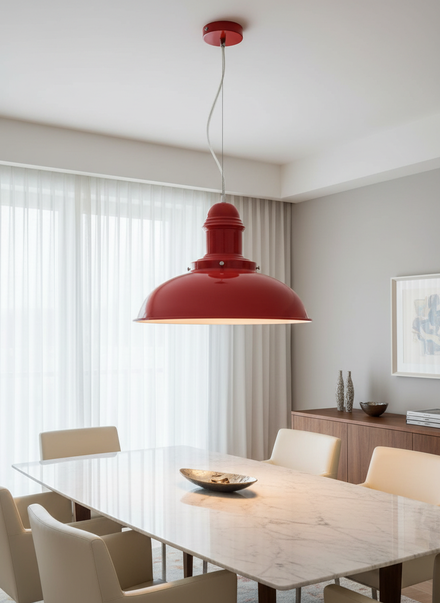 Lot 288: A Pair of Vintage Red Enameled Metal Industrial Pendant Lights, circa 1970s
