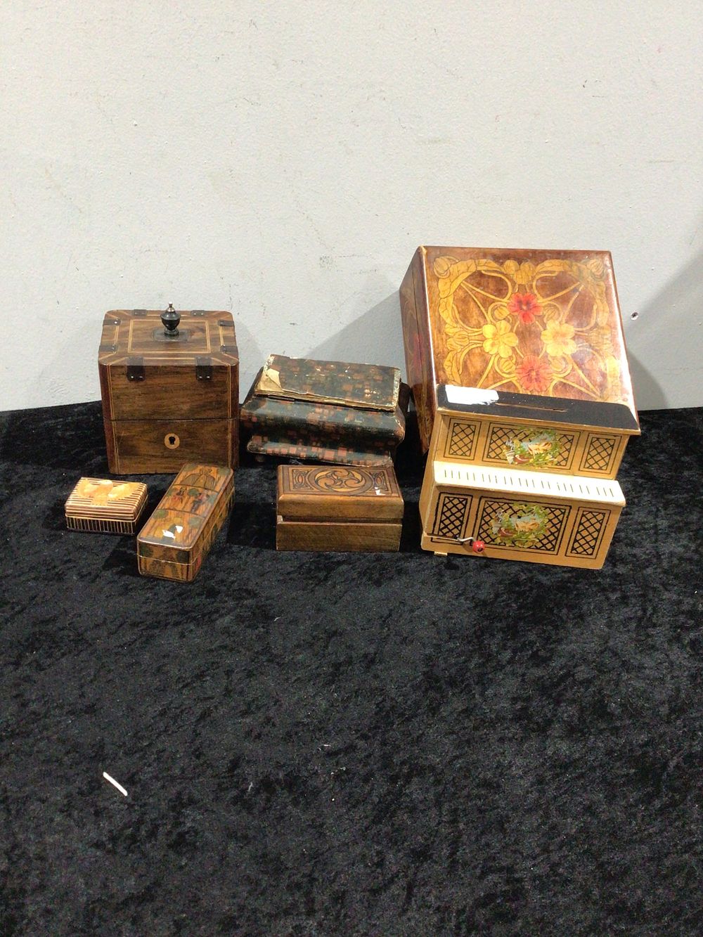 Lot 346: A Collection of Seven Decorative Wooden Boxes and Three Bound Volumes