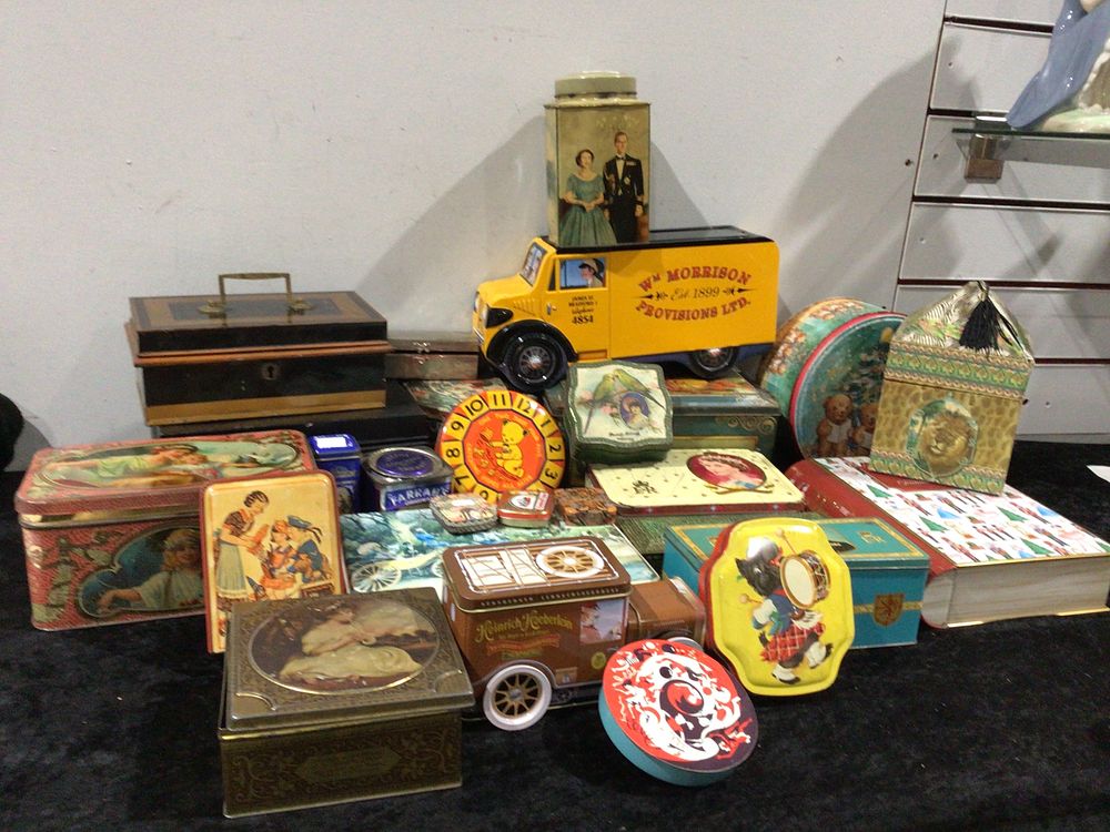Lot 351: A Collection of Antique and Vintage Decorative Tins and Two Wooden Boxes