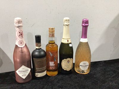 A Group of Five Contemporary Alcoholic Beverages. A group of five contemporary glass bottles of 