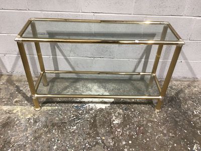 A Mid-Century Modern Brass and Glass Two-Tier Console Table. A rectangular two-tier console or 