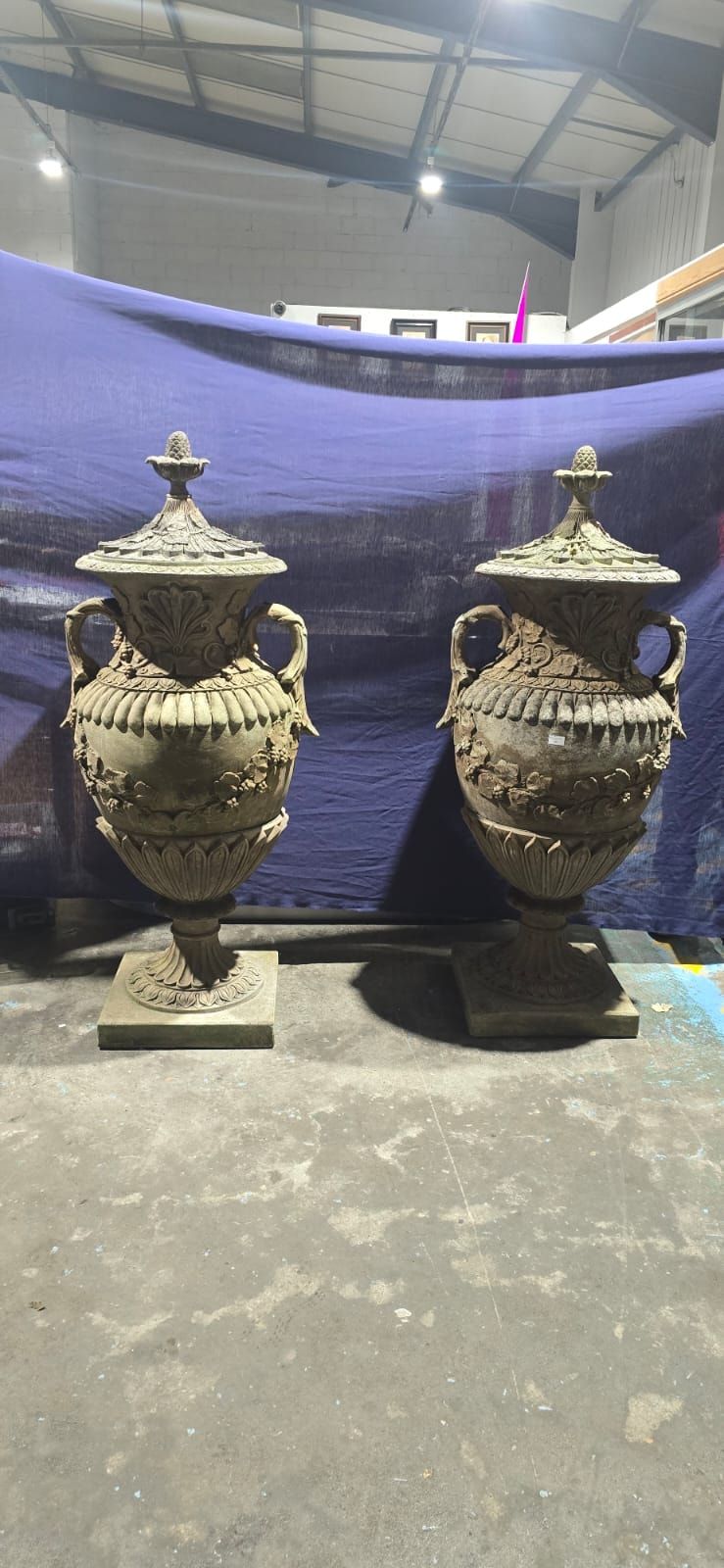 Lot 192: A Pair of Large English Cast Stone Lidded Garden Urns five foot high