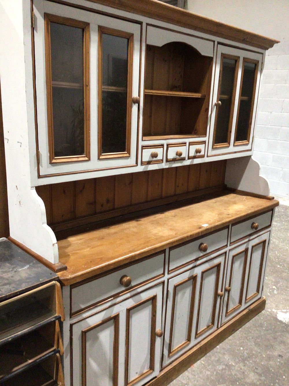 Lot 218: A Rustic Two-Part Painted Pine Kitchen Hutch