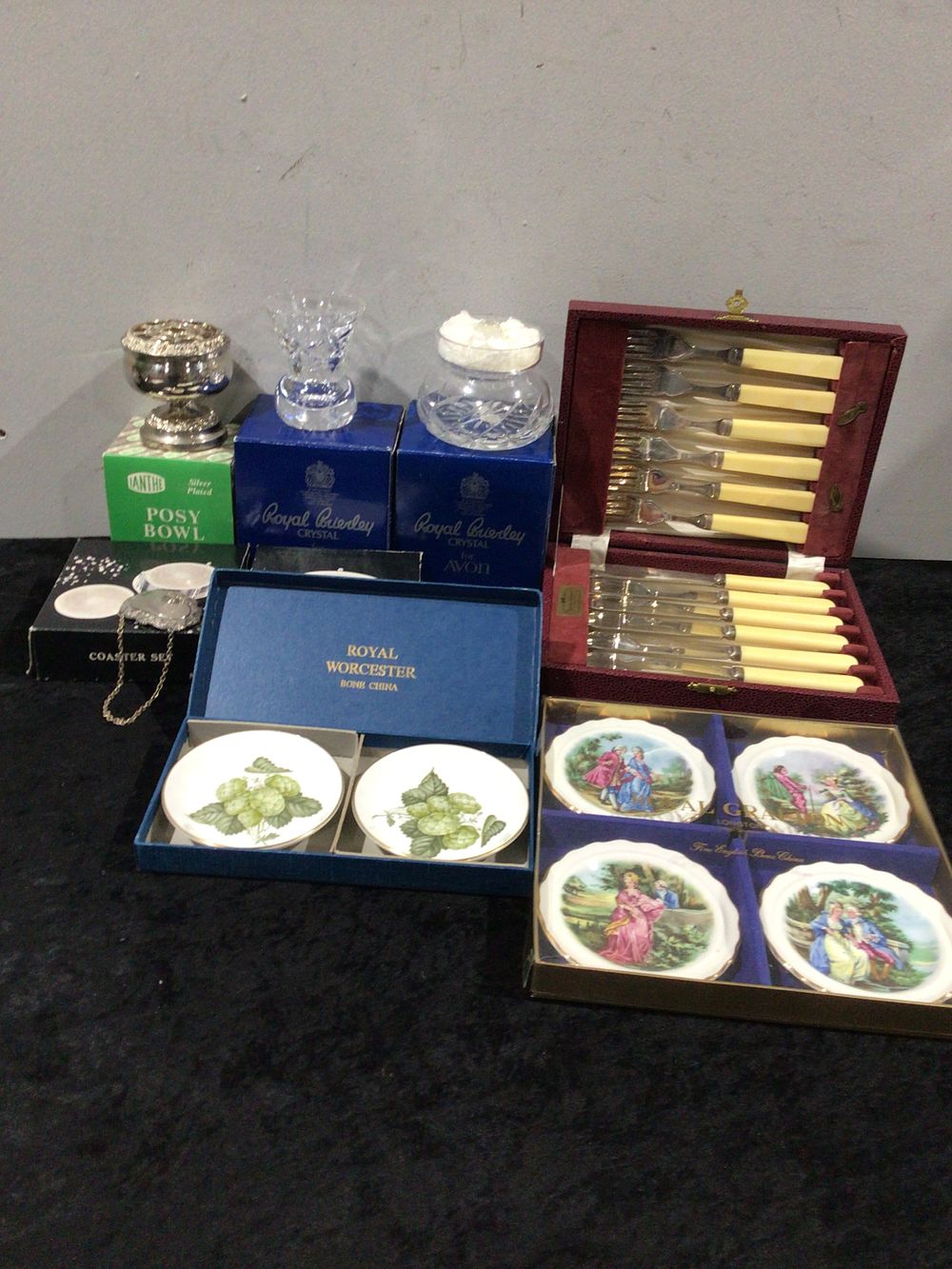 Lot 372: A Collection of Royal Worcester Mathon Hop Bone China Coasters, Crystal, Silver-Plated, and Other Decorative Wares