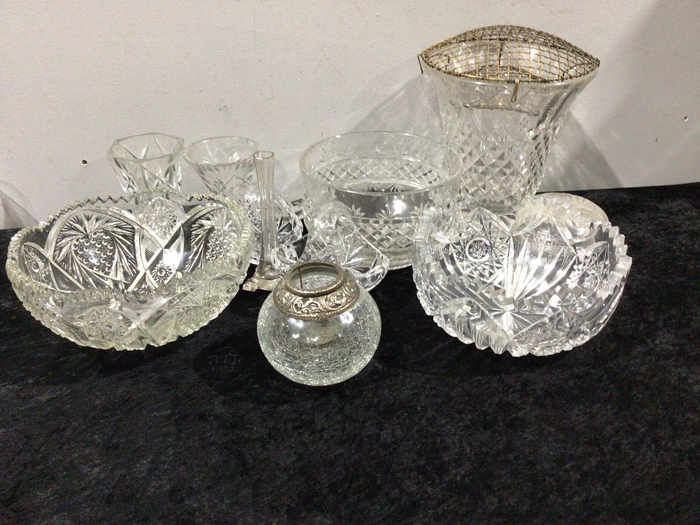 Lot 392: A Collection of Eight Assorted Cut Crystal Hollowware and Vases