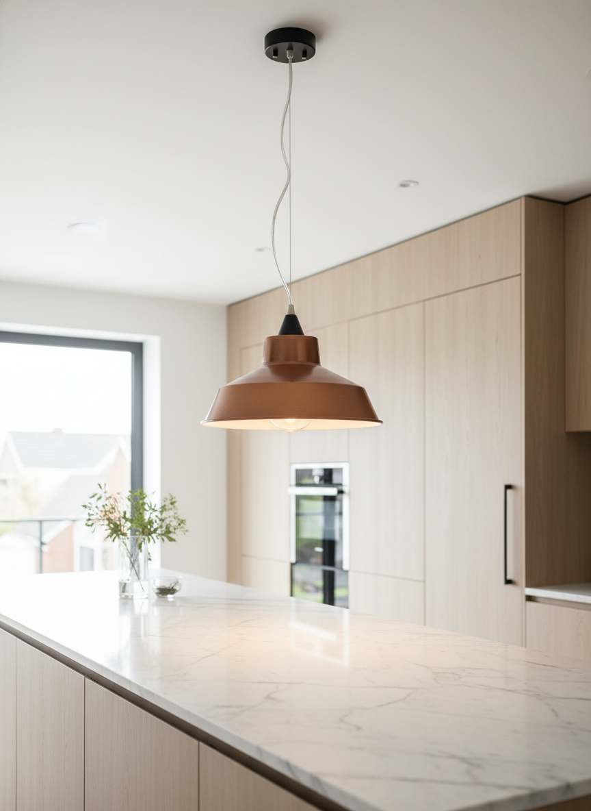 Lot 228: four Copper-Toned Warehouse Barn Pendant Lights