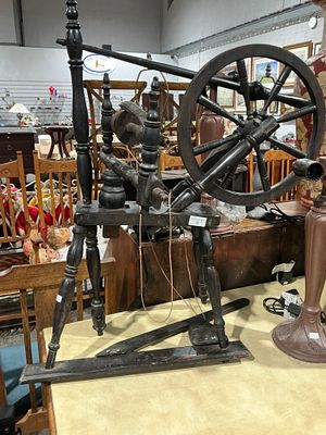 Antique Ebonized Wood Upright Spinning Wheel (Castle Type). A single antique upright spinning 