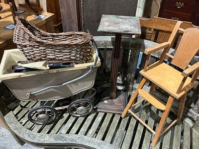 A Trio of Vintage Household Items including a Wicker Baby Doll Carriage and Child's High Chair. A 