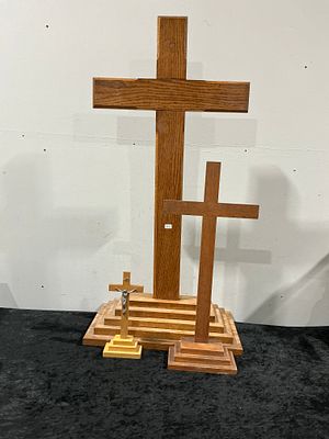 A Trio of Large Ecclesiastical Wooden Crosses and Crucifix. A trio of ecclesiastical display 