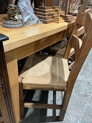 French Provincial Style Oak Dining Table and Four Rush Seat Ladder Back Chairs. A five-piece 
