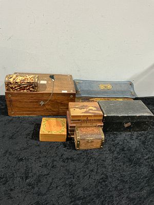 A Collection of 9 Antique and Vintage Boxes Including a Victorian Burr Walnut Writing Slope. A 