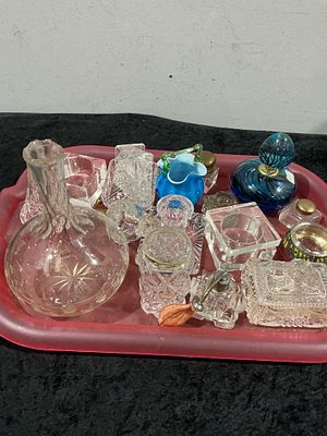 A Collection of 13 Assorted Cut Glass and Crystal Vanity and Table Articles. A collection of 