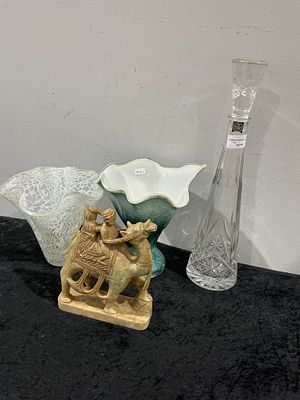 A Collection of Four Decorative Items Including a Thomas Webb Crystal Decanter and Art Glass Vases. 