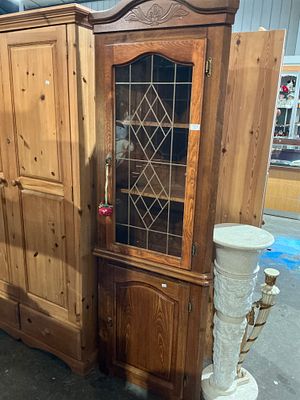 Vintage Stained Pine Corner Display Cabinet or Vitrine. A traditional corner display cabinet 