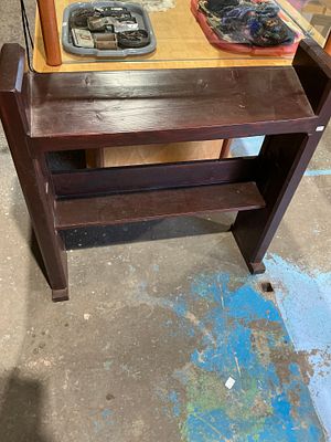 A Mid-20th Century Utilitarian Two-Tiered Wooden Display Stand from a church. A utilitarian 