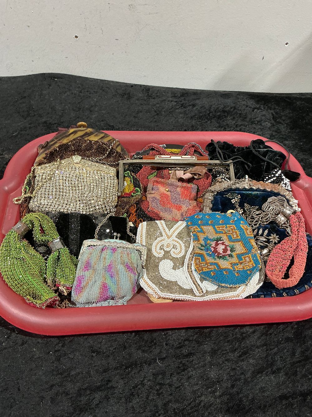 Lot 158: A Collection of 12 Vintage and Antique Beaded Evening Bags and Accessories