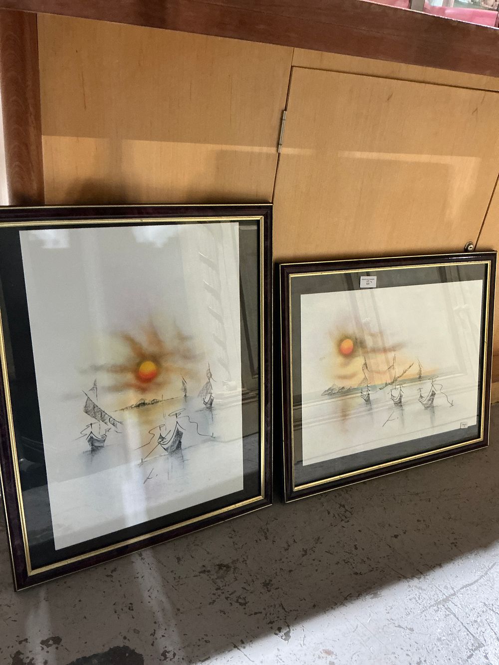 Lot 241: A Pair of Framed Minimalist Seascape Drawings, Signed