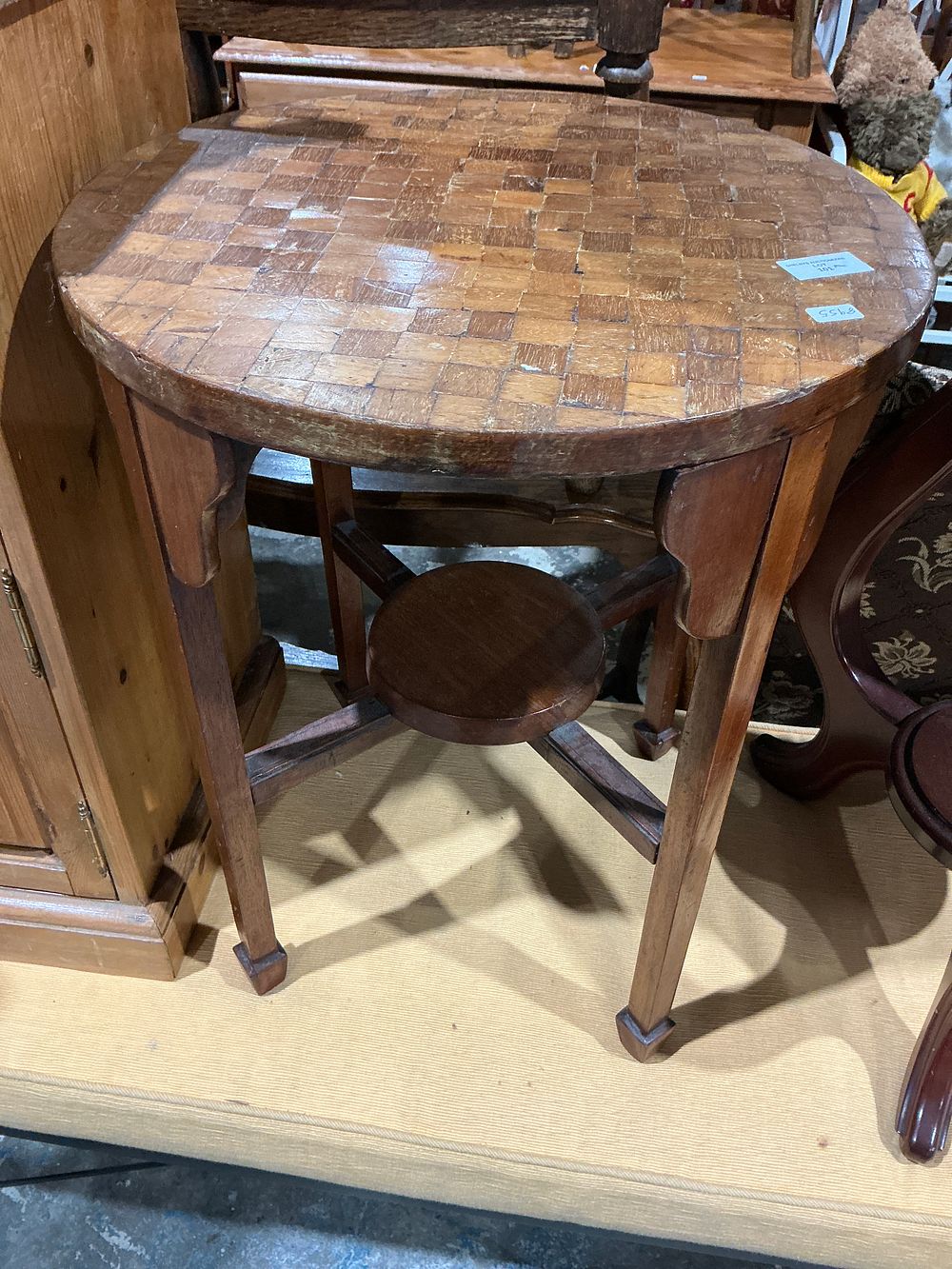 Lot 246: Vintage Art Deco Style Wood Occasional Table with Checkerboard Parquetry Top