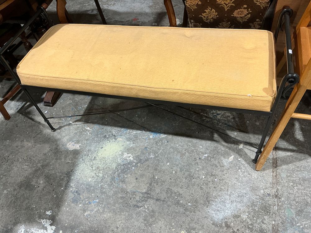Lot 248: Mid-Century Modern Style Black Metal X-Base Upholstered Bench