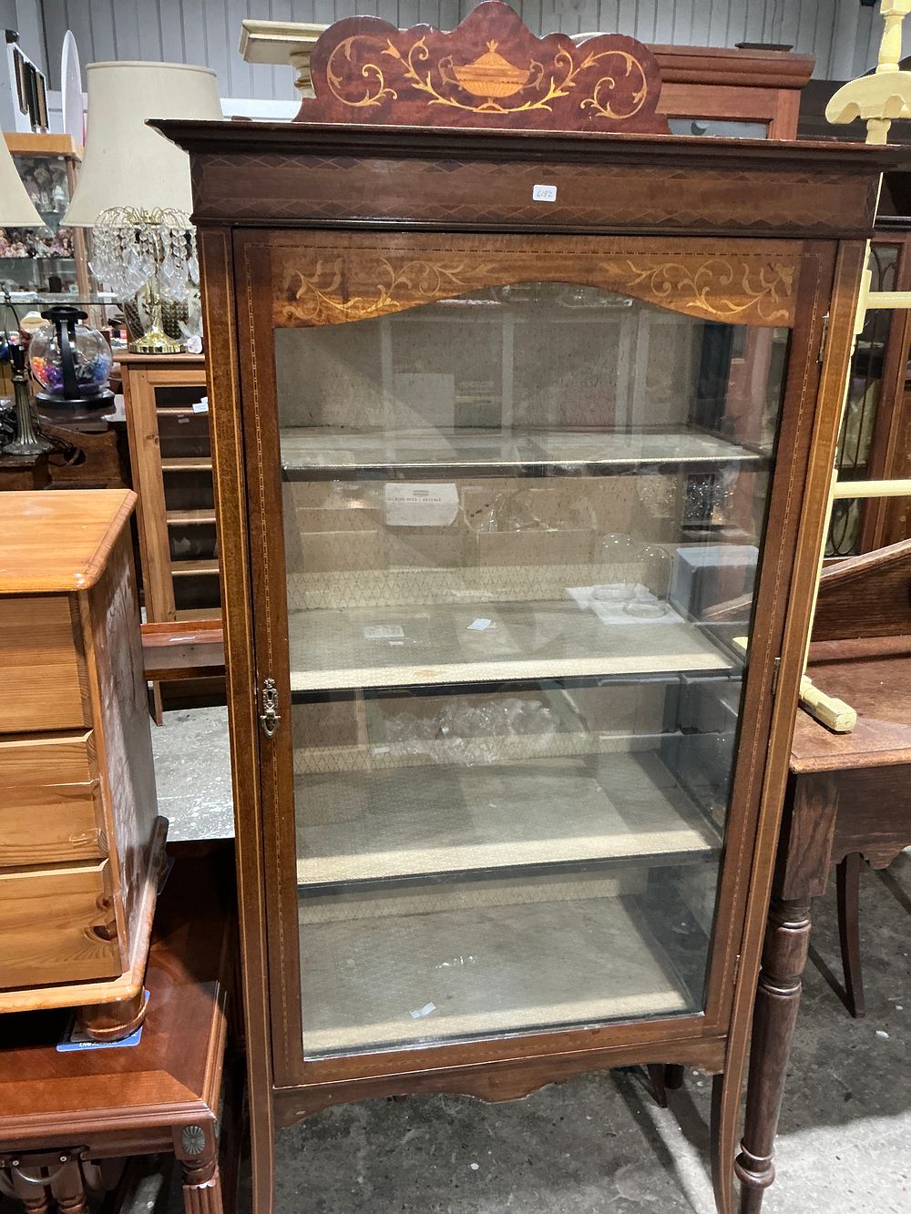 Lot 256: Antique Victorian Tiger Oak Single Door Display Cabinet with Marquetry Pediment