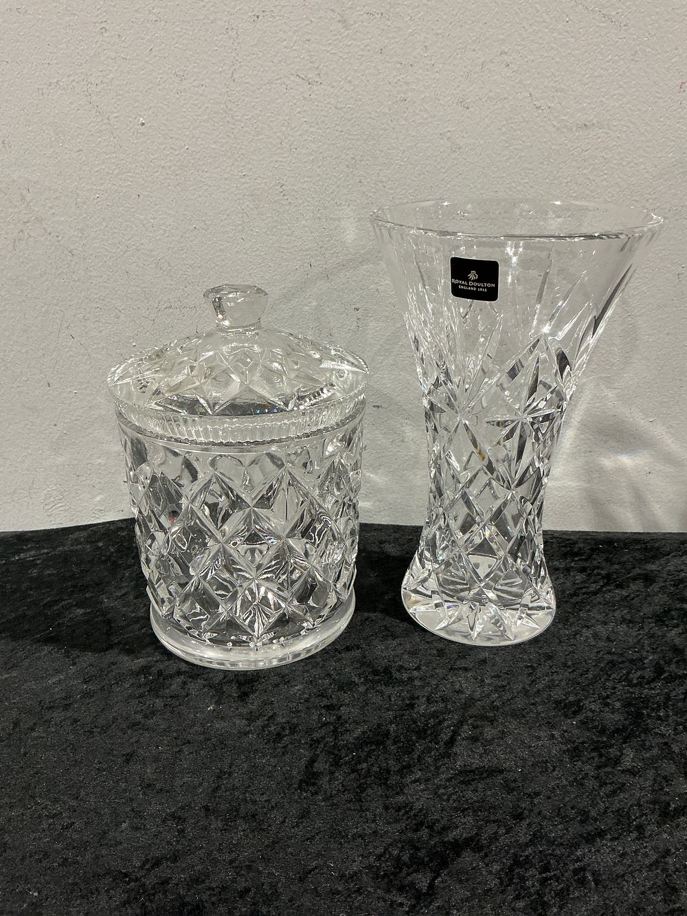 Lot 278: A Pair of Royal Doulton Cut Crystal Vase and Covered Biscuit Jar