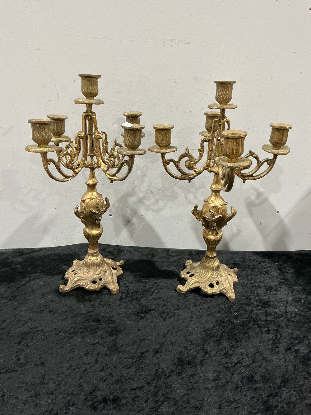 Lot 280: A Pair of Vintage Gilt Brass Five-Light Candelabra, Rococo Revival Style