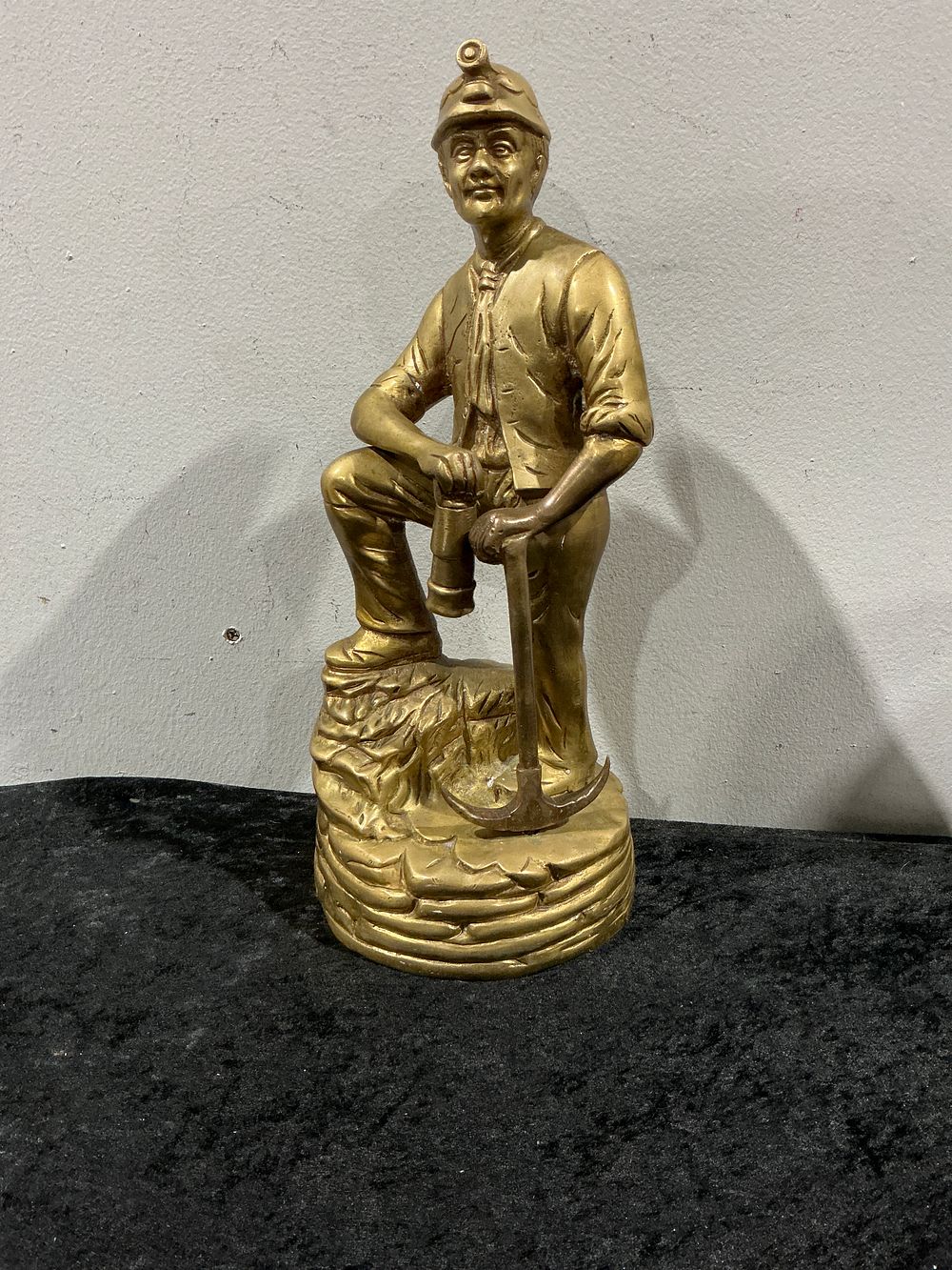 Lot 283: Vintage Brass Coal Miner Figurine with Pickaxe and Lamp