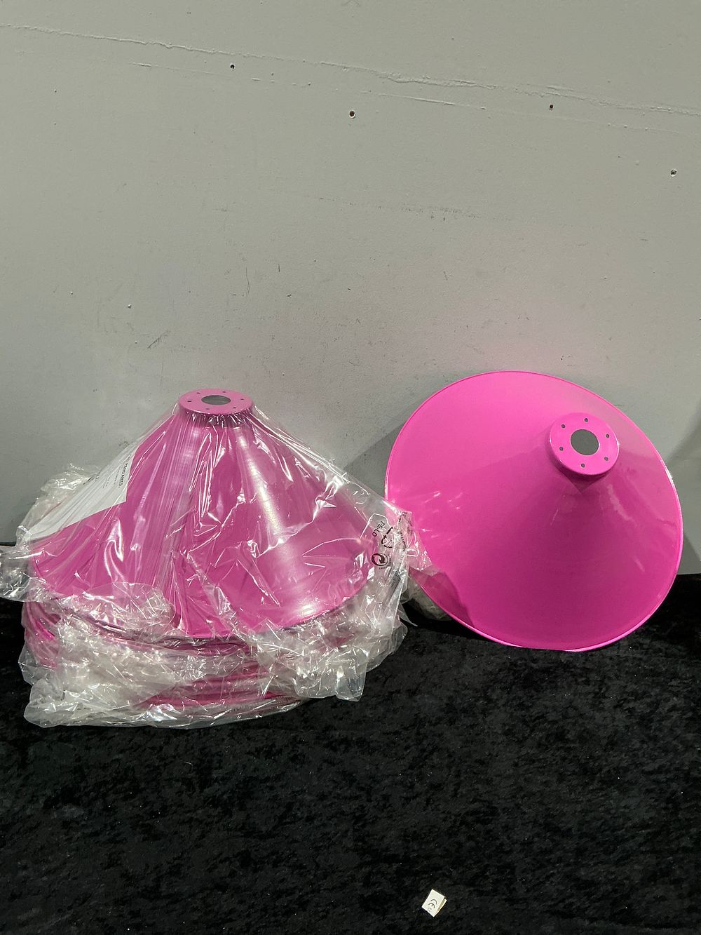 Lot 293: A Collection of 12 Contemporary Hot Pink Metal Conical Lamp Shades