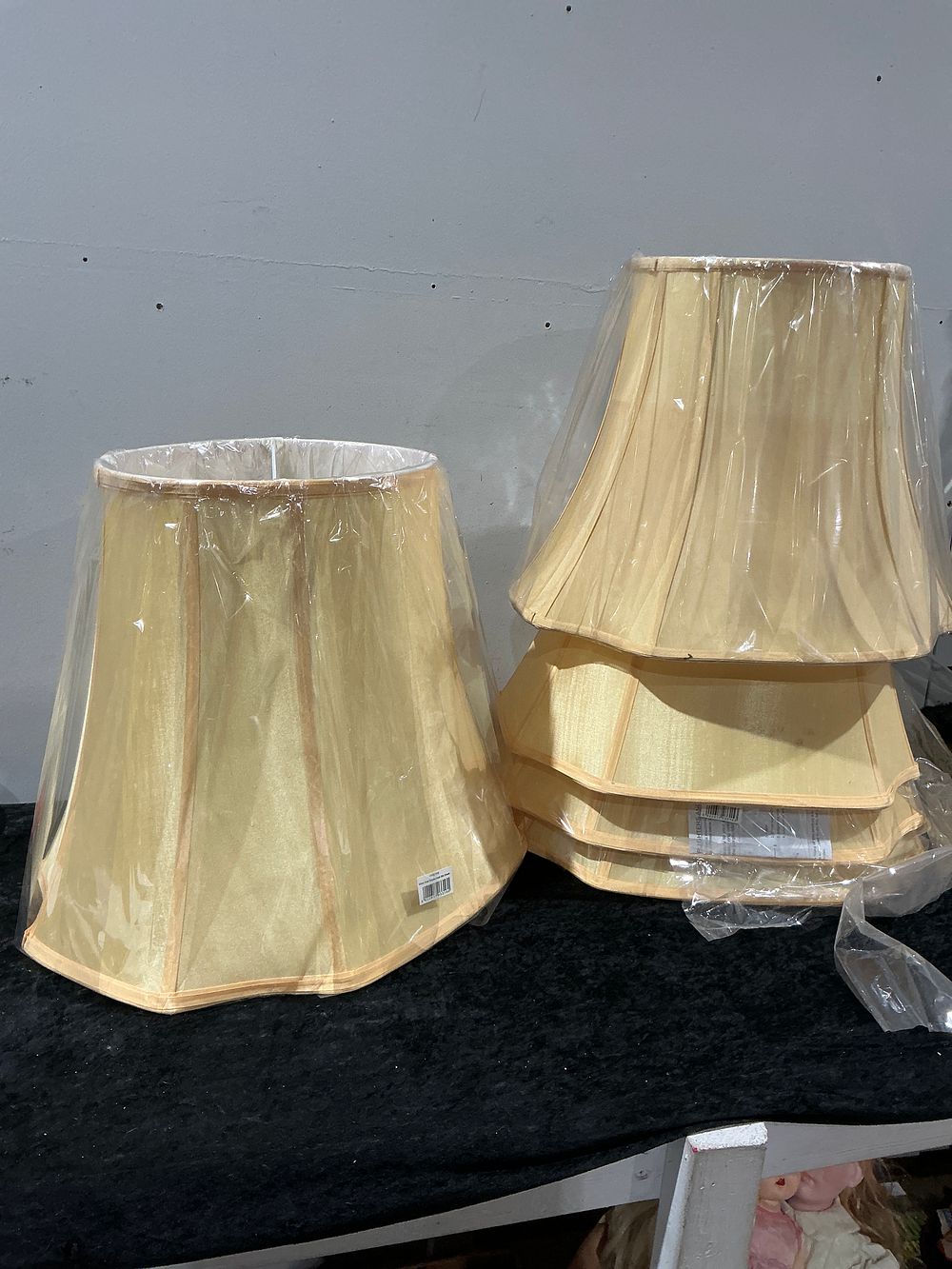 Lot 300: A Collection of Five Contemporary Champagne Faux Silk Lamp Shades