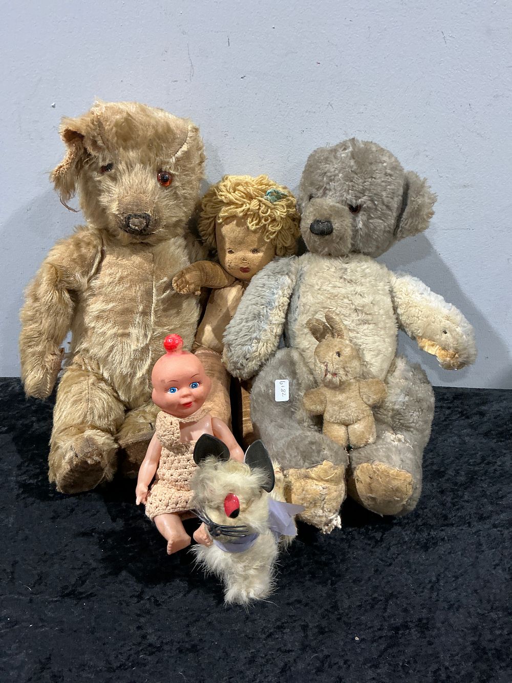 Lot 308: A Collection of 6 Vintage Mixed Soft Toys and Dolls, including Two Large Mohair Teddy Bears