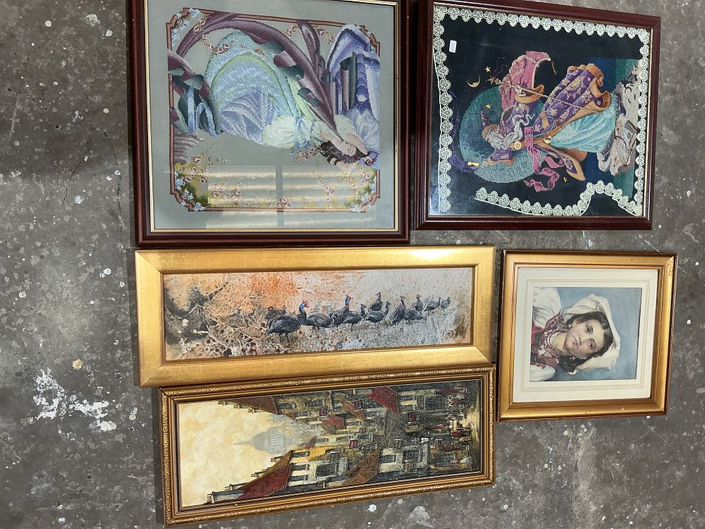 Lot 324: A Collection of Five Framed Artworks Including Teresa Wentzler Style Needlepoint and Prints