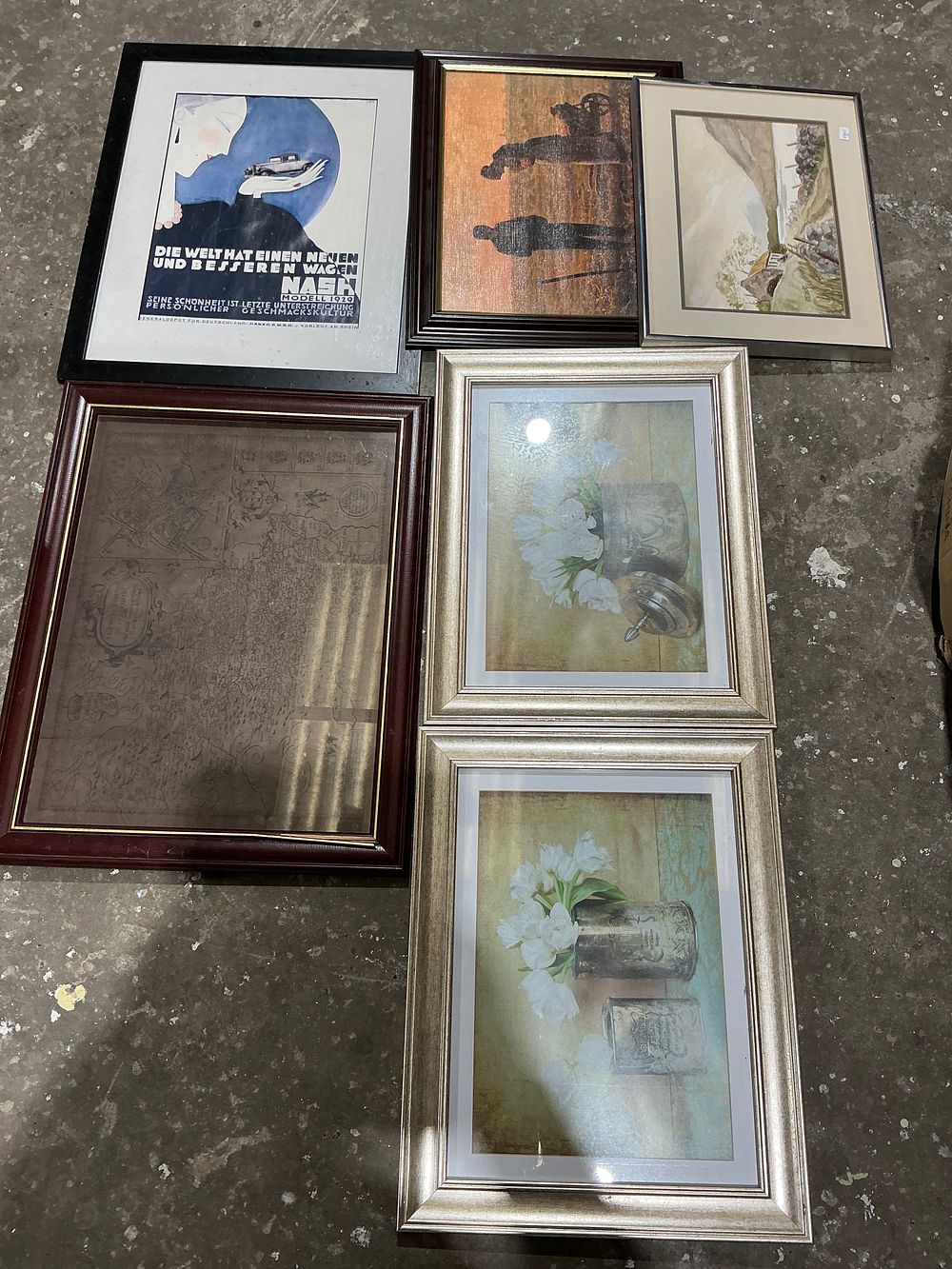 Lot 325: A Collection of 6 Framed Artworks Including Art Deco Print, Landscape, Map Reproduction, and Floral Still Life Prints