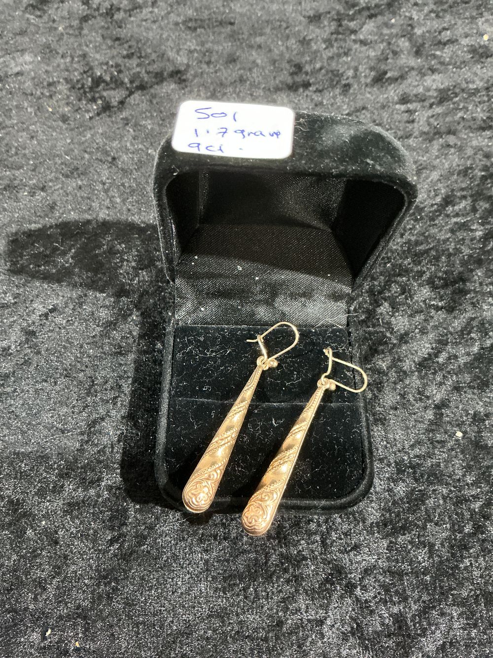 Lot 357: A Pair of 9ct Yellow Gold Long Drop Dangle Earrings