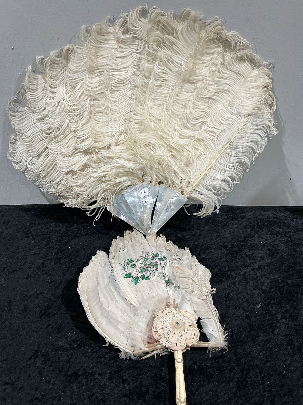 Lot 416: A Pair of Antique Feather Fans including a Large Ostrich Plume Fan