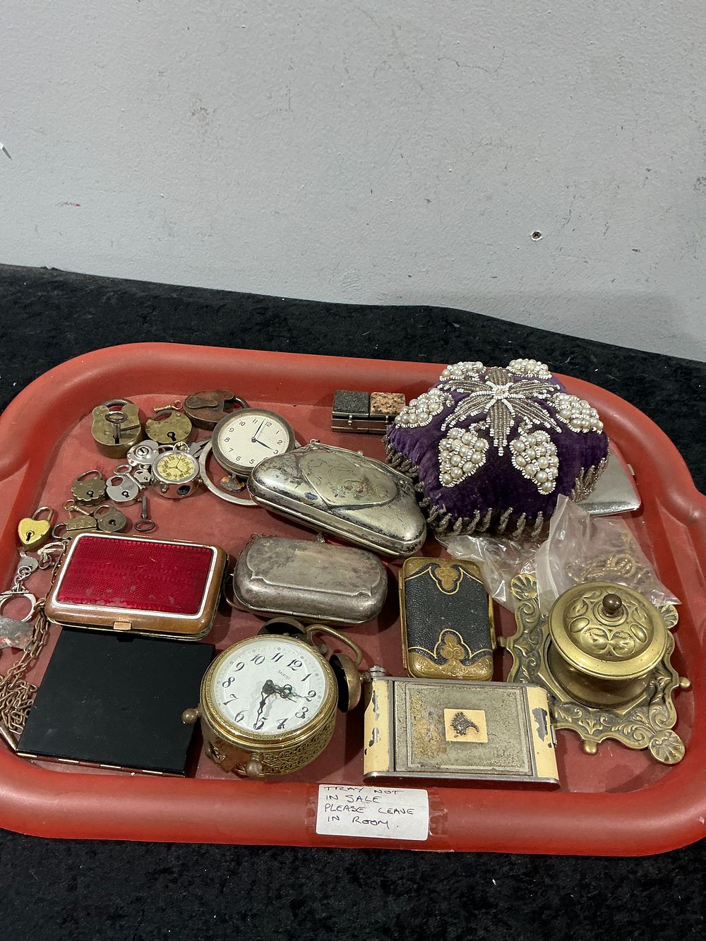 Lot 430: A Collection of 24 Miscellaneous Vintage Accessories, Jewelry Components, Padlocks, and Clocks