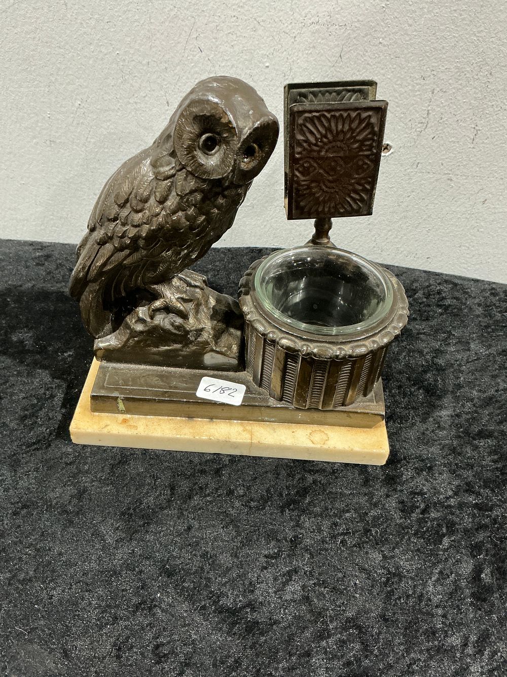 Lot 182: An Antique Bronze-Toned Cast Metal and Stone Figural Owl Desk Stand