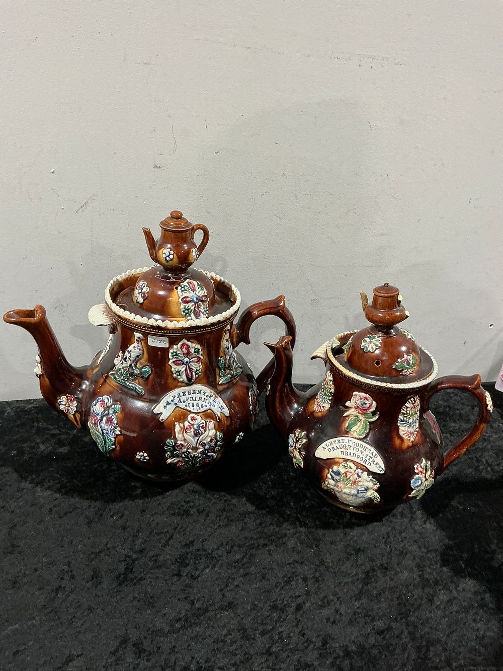 Lot 227: Two Victorian Measham Bargeware Glazed Earthenware Teapots