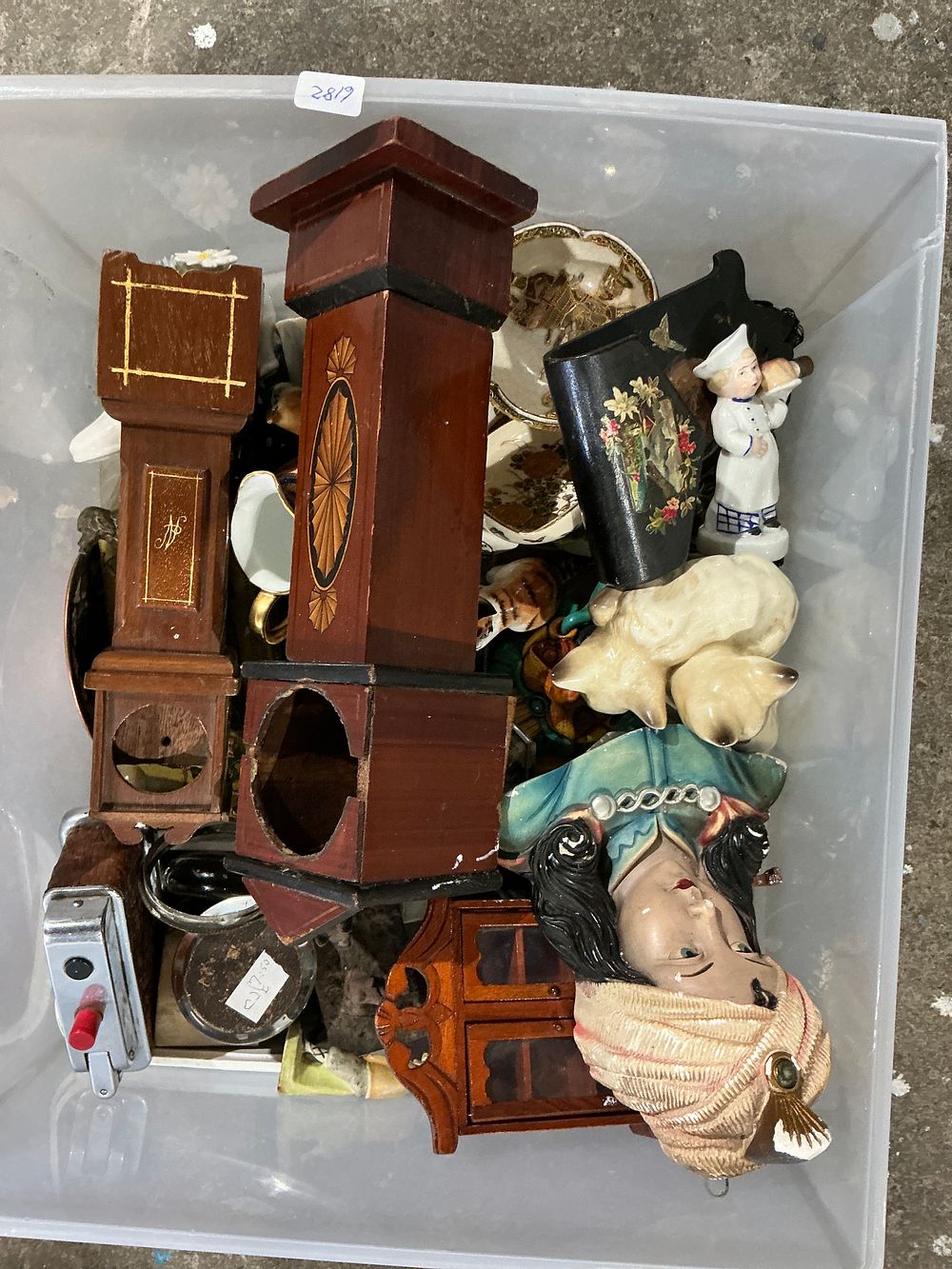 Lot 272: A Collection of Miniature Wooden Furniture, a Ceramic Head Vase, and Assorted Decorative Items