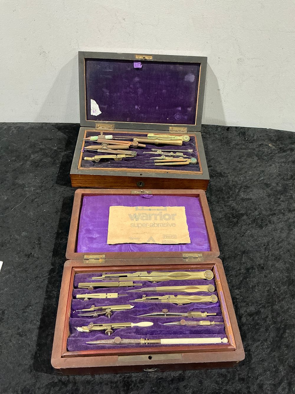 Lot 287: Two Sets of Antique Brass and Steel Drafting Instruments in Fitted Wooden Cases