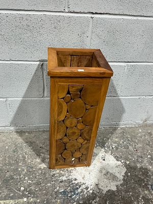 A Solid Teak Wood Rectangular Pedestal with Natural Cross-Cut Inlay. A rectangular pedestal or 